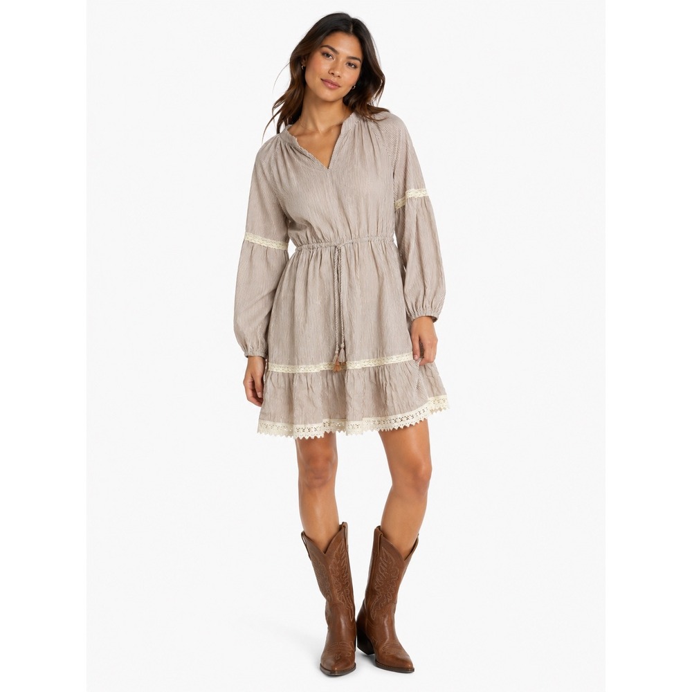 Hem & Thread Striped Lace Trim Dress Womens Small Tan Boho Cottagecore Mini